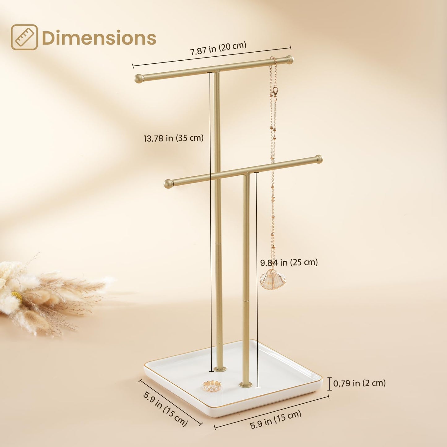 Lolalet Necklace Holder, Jewelry Display Stand with Ceramic Base Tray Jewelry Organizer Tree for Necklaces Bracelets Earrings Rings -White, 2 Tiers
