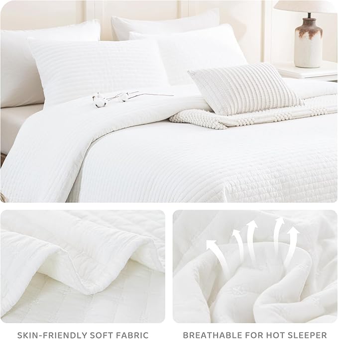 Sanracie Cotton Queen Quilt Bedding Set(90"x98") ，Ultra Soft Stonewashed Milk White Bedspread Coverlet Cross Stitch Pattern Lightweight Crinkle Quilted Bedspread Set 3Pcs for All Season