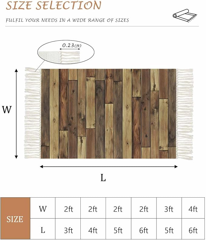 Brown Large Runner Rug 4X6 Ft Living Room Area Rug, Washable Woven Vintage Country Wooden Grain Throw Carpet with Tassel, Non-Shedding Farmhouse Cabin Retro Plank Stitching Art Bedroom Office Carpets