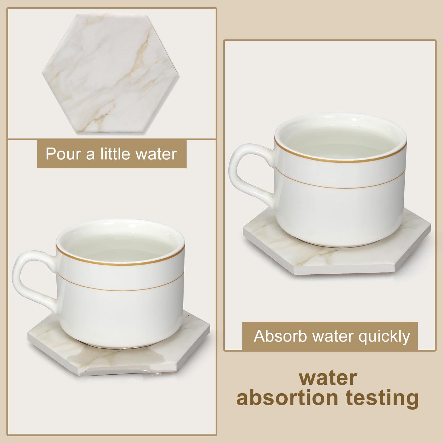 Dksyee 6Pcs White Marble Coaster Set with Holder Hexagon Ceramic Coasters Absorbent Coasters Drink Coasters Set for Coffee Table Bar Coasters Wine Coasters Modern Coasters Beer Coasters Cup Coasters