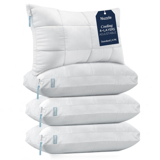 Nuzzle Cooling Adjustable Pillow for Side Sleepers,Standard Size Bed Pillow 4 Pack – Hotel Luxury Neck Support, Height Adjust Soft Sleeping Pillow for Back, Stomach or Side Sleepers-Home Gift