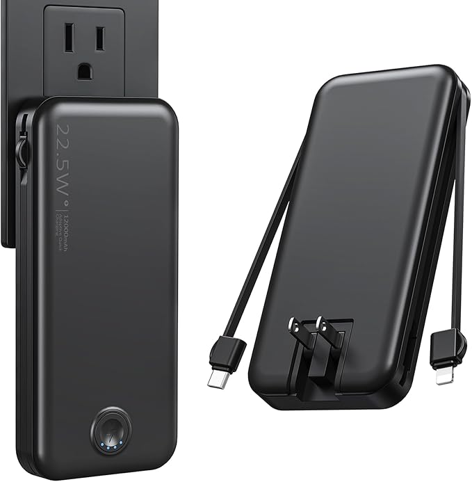 Portable Charger, 12000mAh 22.5W Fast Charging Power Bank with Built-in Cables & Wall Plug, Travel Essentials External Battery Pack, USB C Battery Phone Charger for iPhone, iPad, Samsung Black