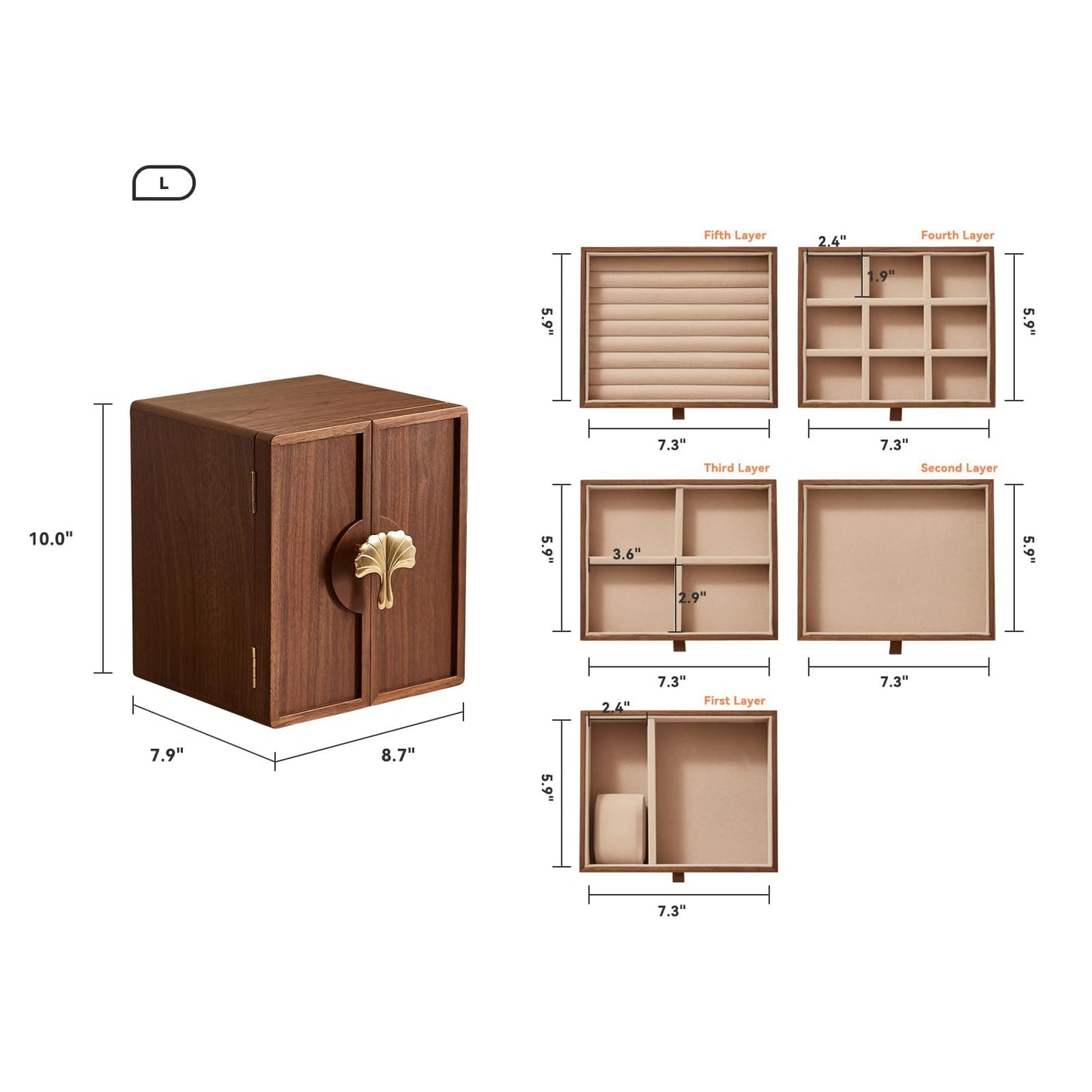 CHOSIN Black Walnut Wooden Jewelry Box 5 Layer Large Wood Jewelry Organizer Brass Handle for Necklaces Rings Earrings Watches Storage Monther, Ideal Gift for Her (7.9x8.7x10.0inches)