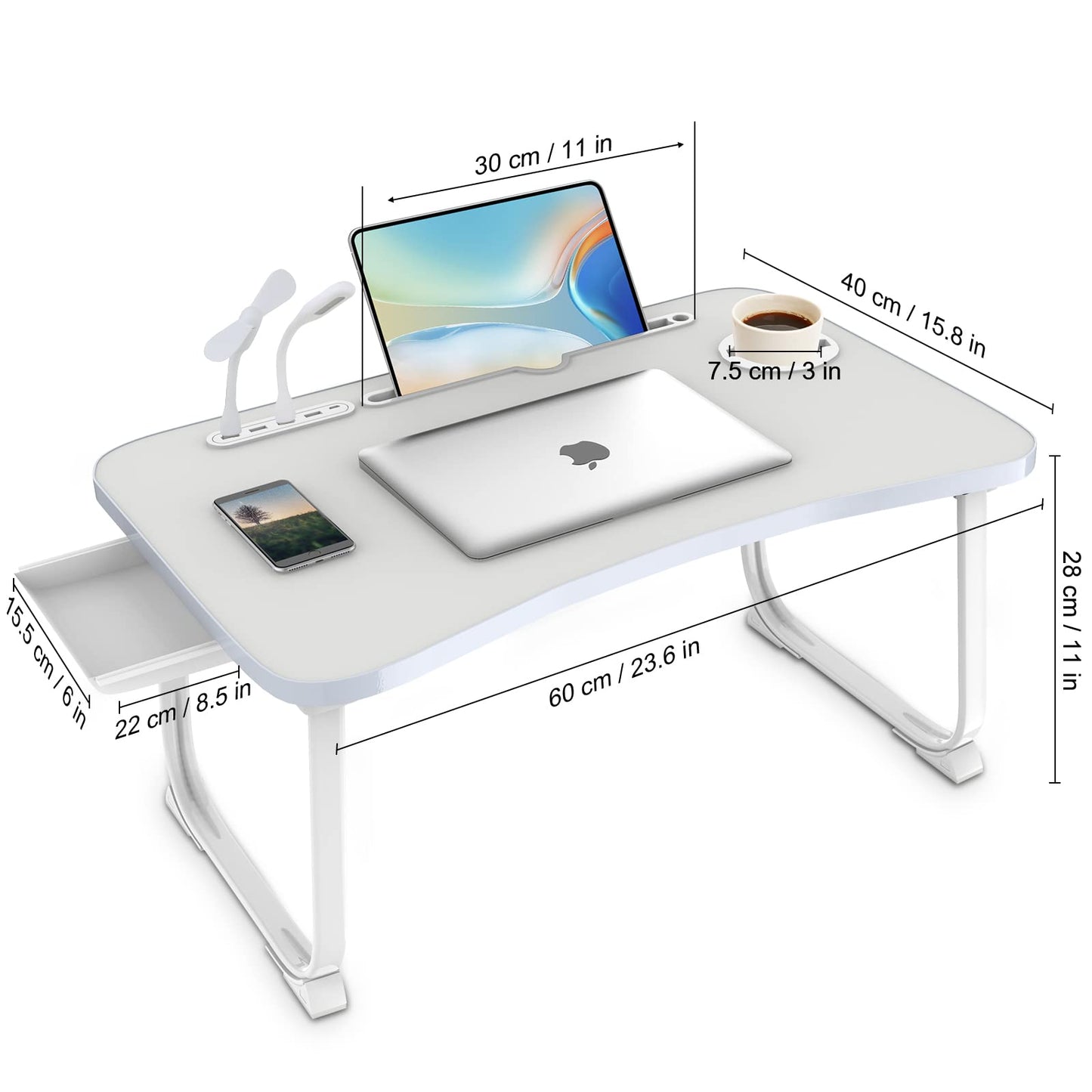 Fayquaze Laptop Bed Desk, Portable Foldable Lap Bed Table with USB Charge Port Storage Drawer and Cup Holder,Lap Desk Laptop Stand Tray Table Serving Tray for Eating, Reading and Working