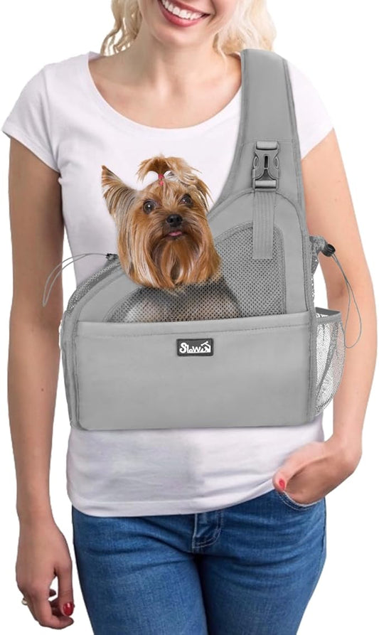 SlowTon Pet Dog Sling Carrier, Hands Free Hard Bottom Papoose Small Animal Puppy Up to 6 lbs Travel Bag Tote Breathable Mesh Support Adjustable Padded Strap Pocket Safety Belt(Widened Grey)