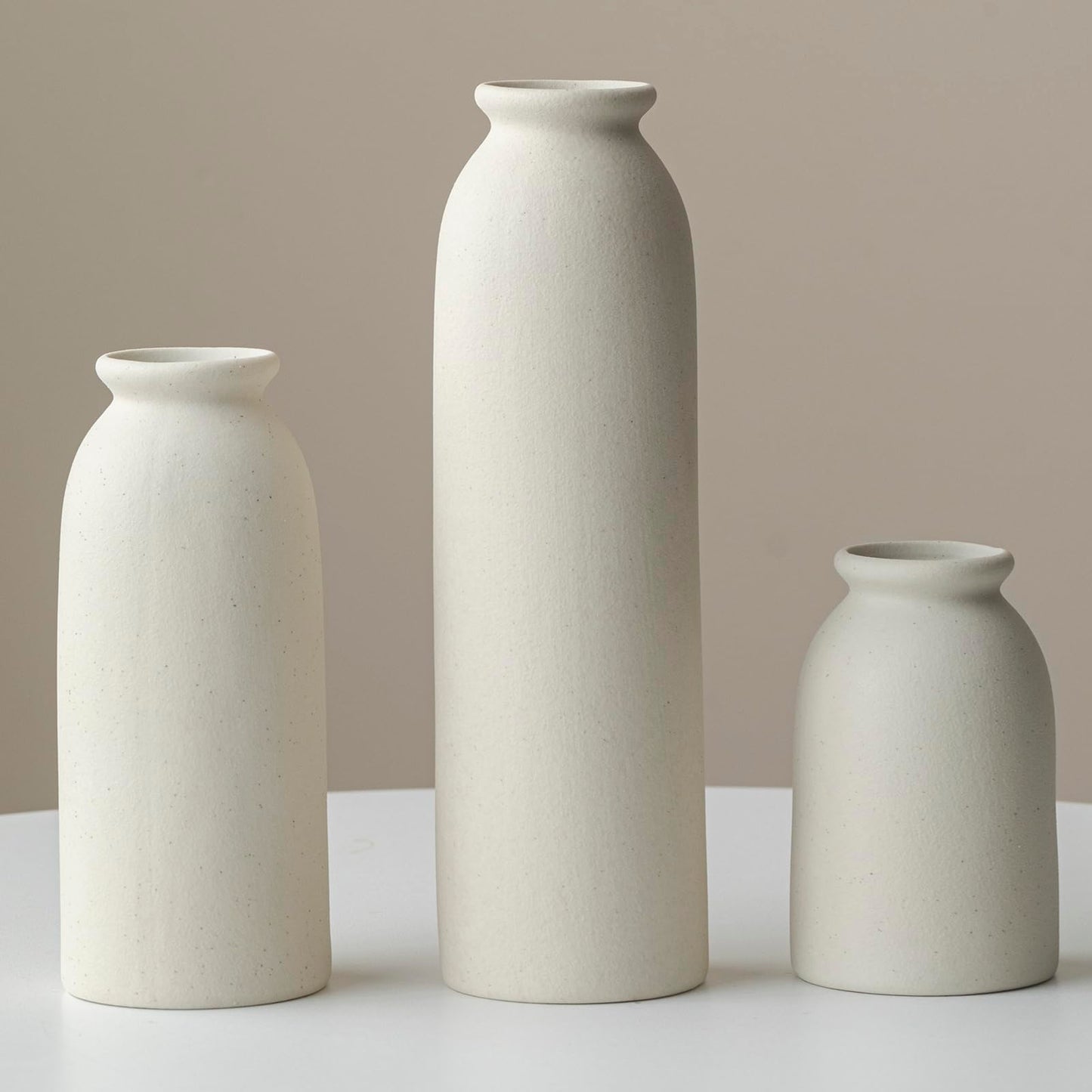 Ceramic Vase Set-3, 10.3 Inch Tall Flower Vases for Decor, Modern Boho Farmhouse Style, Decorative Vases for Pampas Grass & Dried Flowers, Distressed Finish (L Beige)