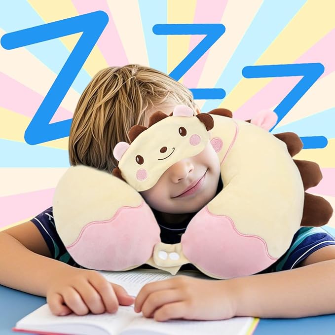 Sexysamba Travel Pillow for Kids Adults with Sleep Eye Mask Cute Cartoon U Shaped Memory Foam Neck Pillows for Travel Head Rest & Neck Support for Airplane, Car, Office Sleeping, Cream Hedgehog