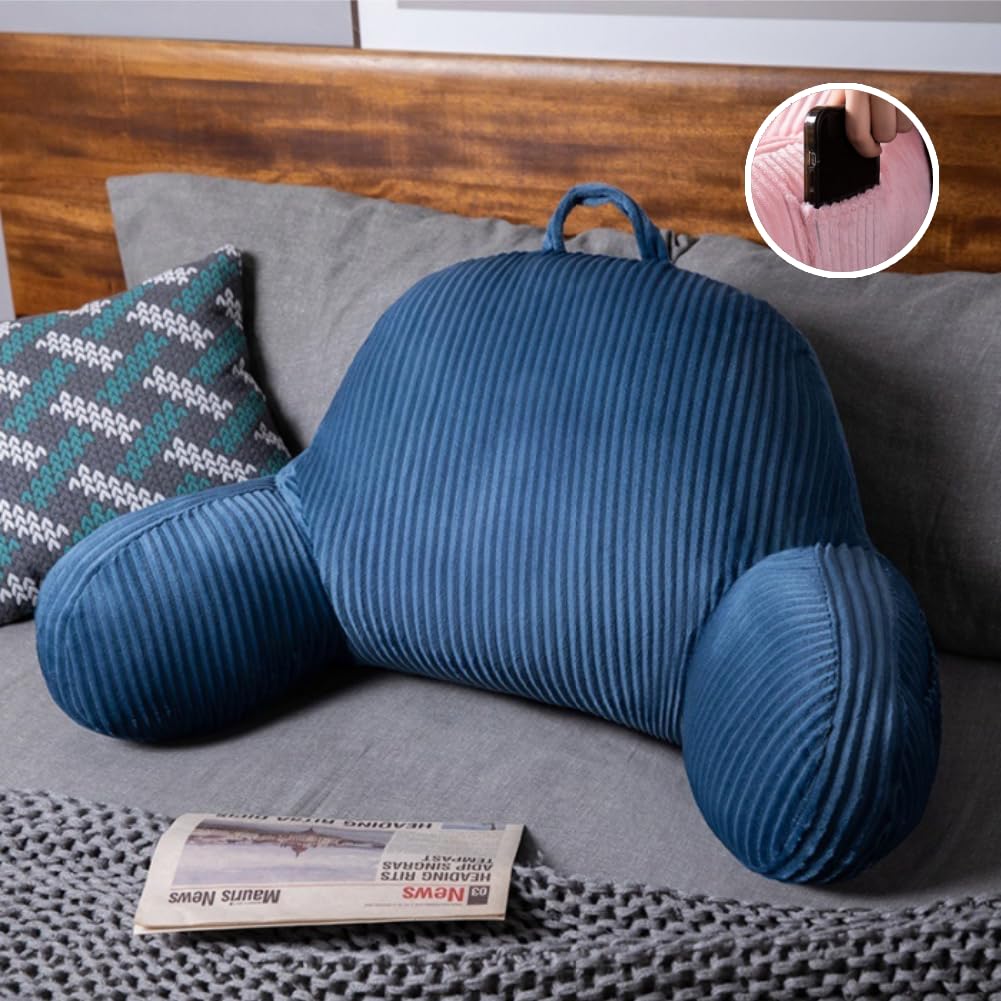 GPPYMX Reading Pillow for Bed Sitting Up,Flannel Back Pillow for Bed Sitting up with Arms and Pockets & Washable Cover,Soft Back Support (Blue, 31.5x19.7 in)