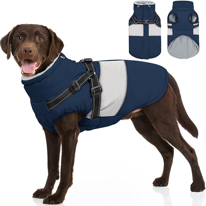 SUNFURA Dog Jacket, Large Dog Coat with Harness Built in, Warm Pet Winter Jacket Zippered Snow Coat with Furry Collar, Waterproof Fleece Snowsuit for French Bulldog, Navy Blue L