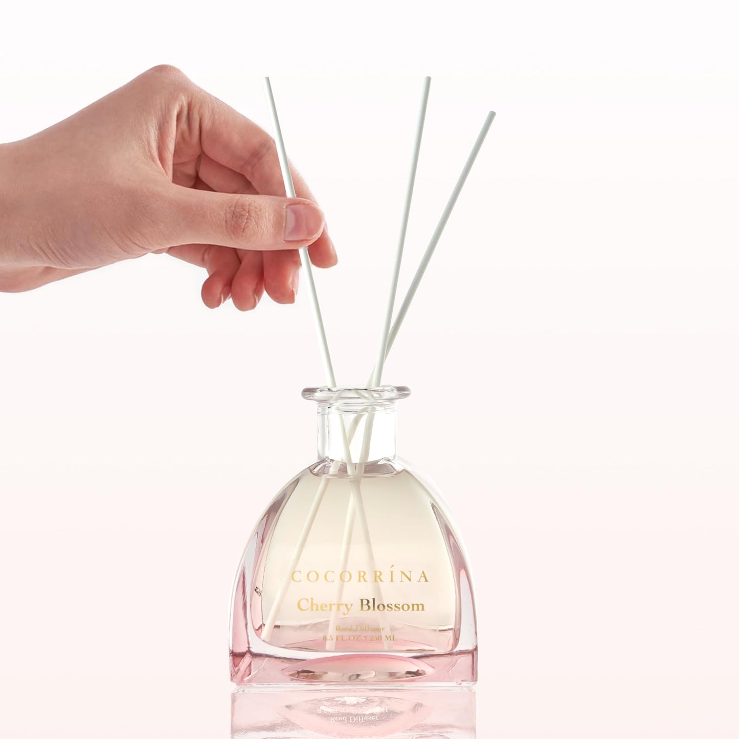 COCORRÍNA Reed Diffuser - 8.5 Oz Cherry Blossom Reed Diffuser with 8 Sticks for Home Bathroom Shelf Decor (Simple Luxe Collection)