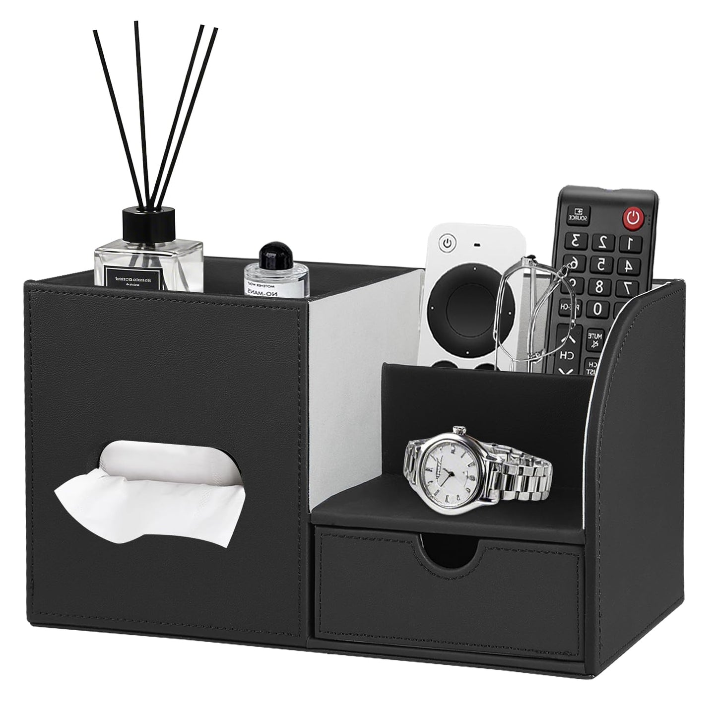 PU Leather Square Tissue Box Cover with Tray and Organizer, Multi-Function Remote Control Tissue Holder for Vanity, Nightstand, Bathroom, Home and Office