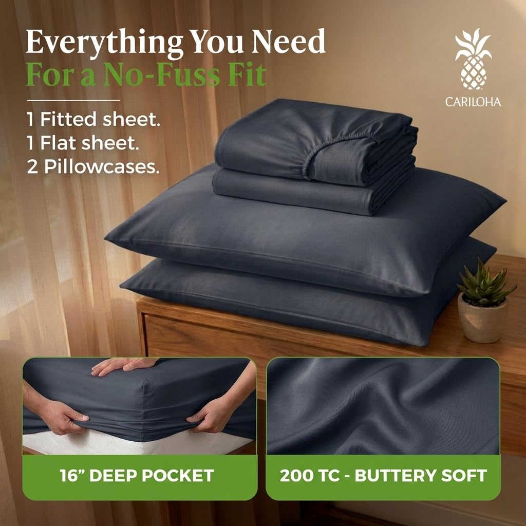Cariloha Aloha Soft 100% Organic Bamboo Viscose Sheets – 4-Piece King Sheet Set – 16 in Deep Pockets – Buttery Soft, Hypoallergenic, Cooling Sheets – Oeko-TEX Standard 100 – Cape Blue