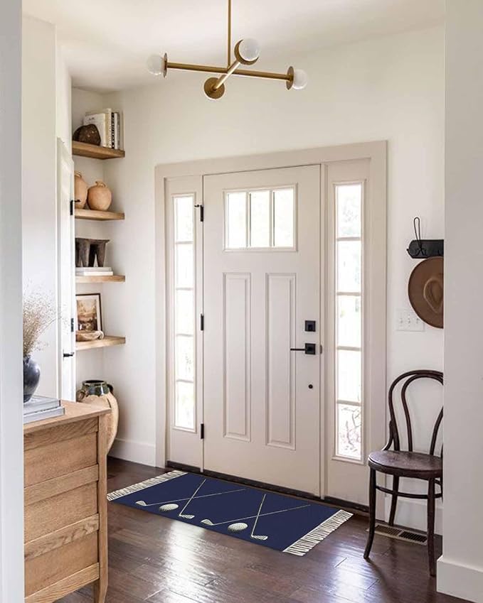 Navy Blue Runner Rug 2X4 Ft Entryway Outdoor Indoor Mat, Washable Woven Sports Golf Ball Throw Carpet with Tassel, Non-Shedding Modern Minimalist Art Hallway Bath Mats