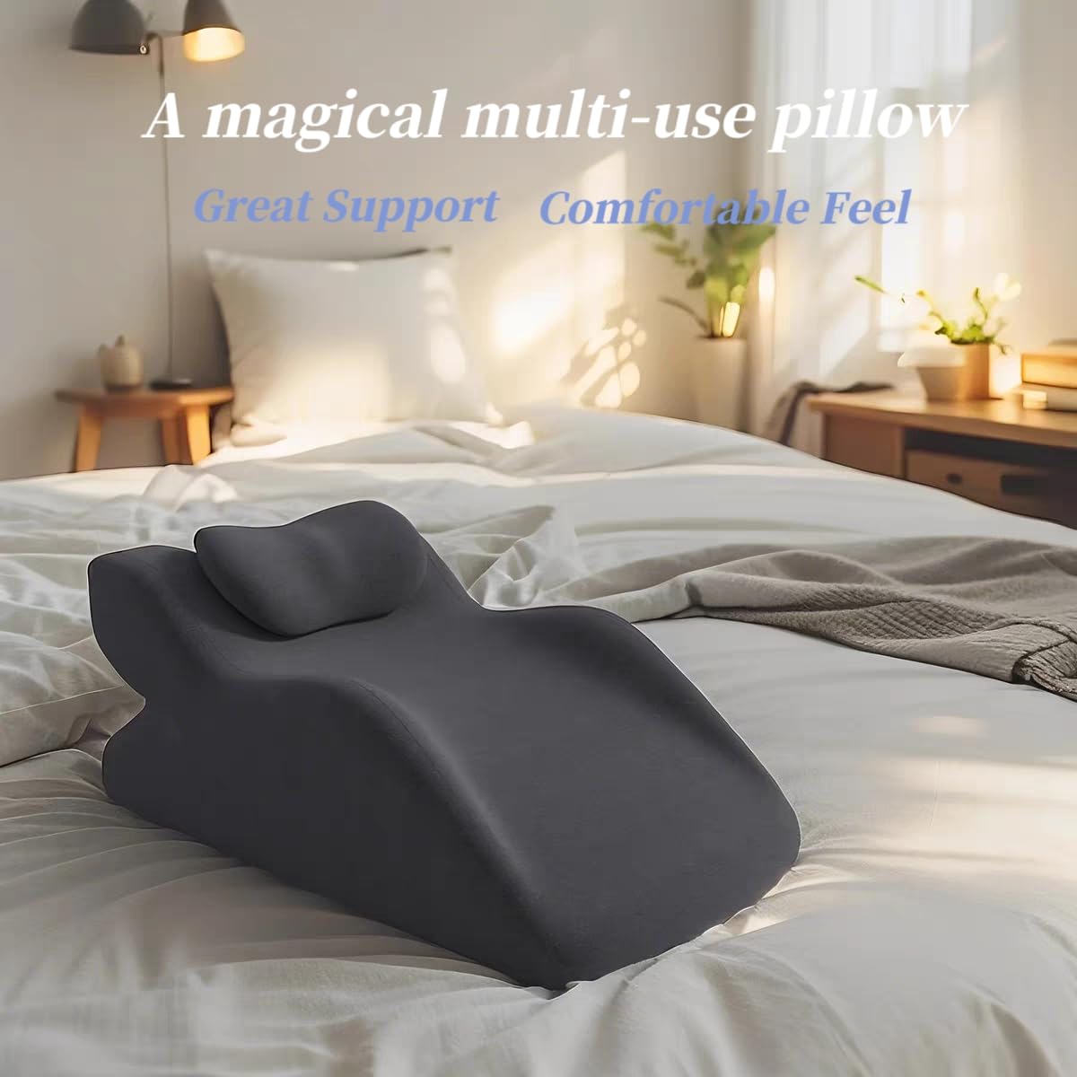 Multi-Functional Pillow Ergonomic Wedge Backrest with Wide Applications, Memory Foam Cushion for Sleeping and Reading, Prone Pillow with Superior Neck & Shoulder Support (Dark Gray)