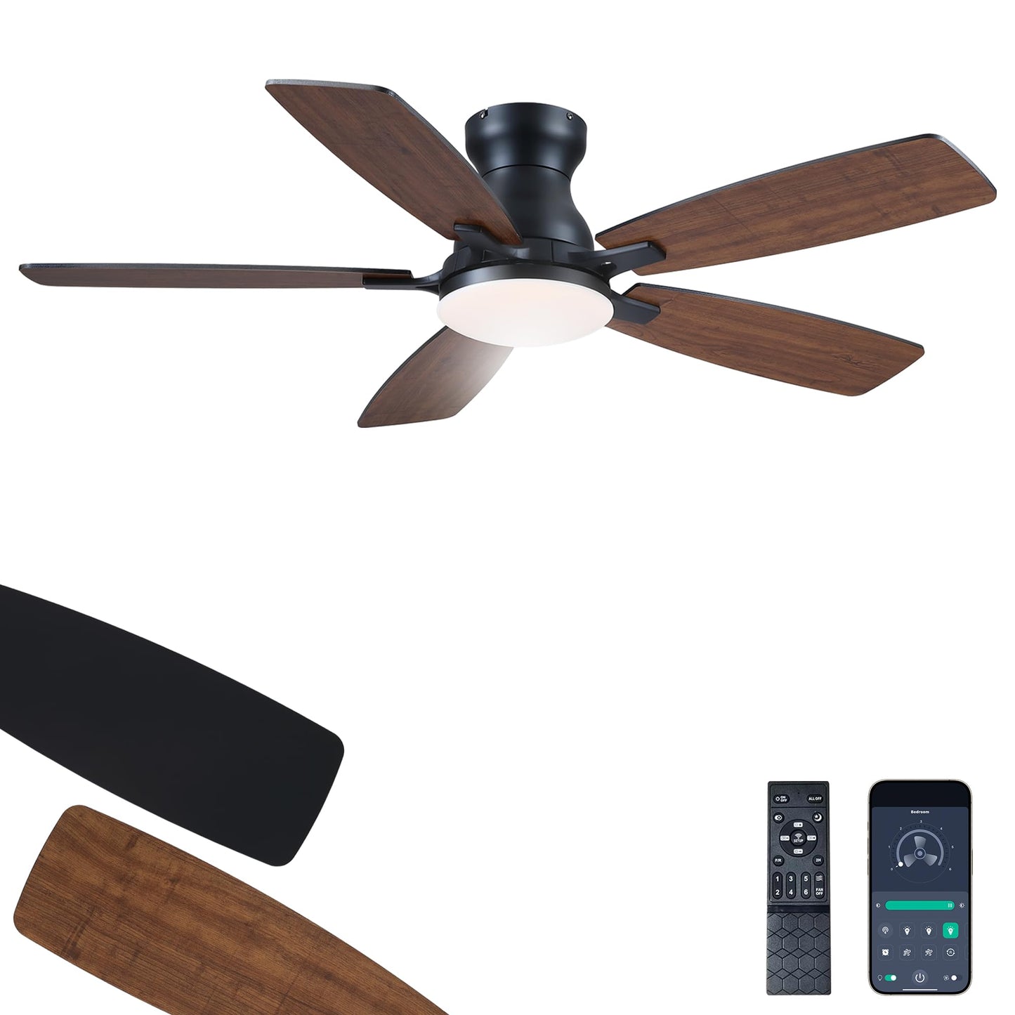 JSAITEE Ceiling Fan with Lights and Remote Control - 46In Flush Mount Ceiling Fan with 3CCT Dimmable, 6 Wind Speeds and Timing, Low Profile Fan for Modern Bedroom, Kitchen, Living Room
