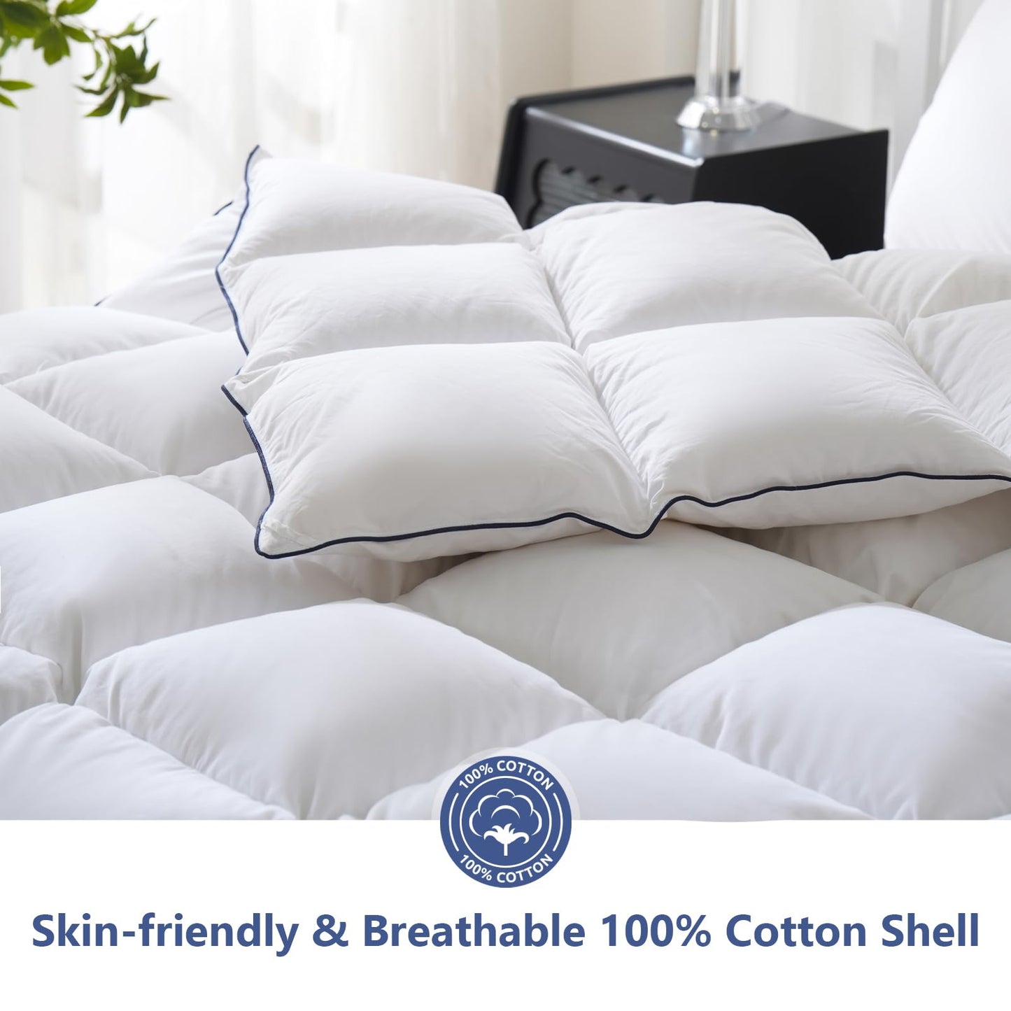 DOWNCOOL Feather Comforter King Size, 100% Cotton Cover Ultra Soft Fluffy Duvet Insert King, All Season Luxurious Hotel Bedding Comforters with Corner Tabs, White 106"x90"