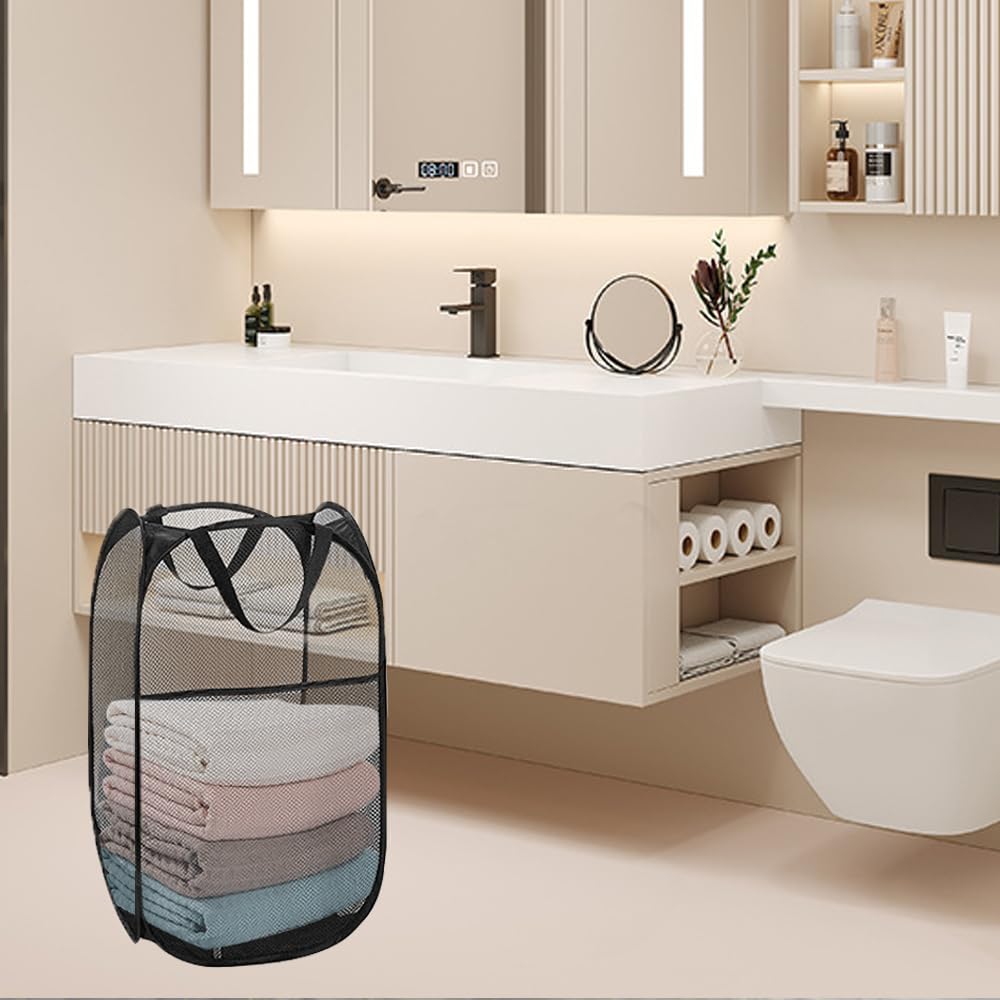 Aplter Pack of 2 Pop Up Laundry Hamper Collapsible Laundry Baskets Black Mesh Laundry Baskets with Portable Handle, Side Pocket for Bedroom, Nursery Room, Travel, Cruise
