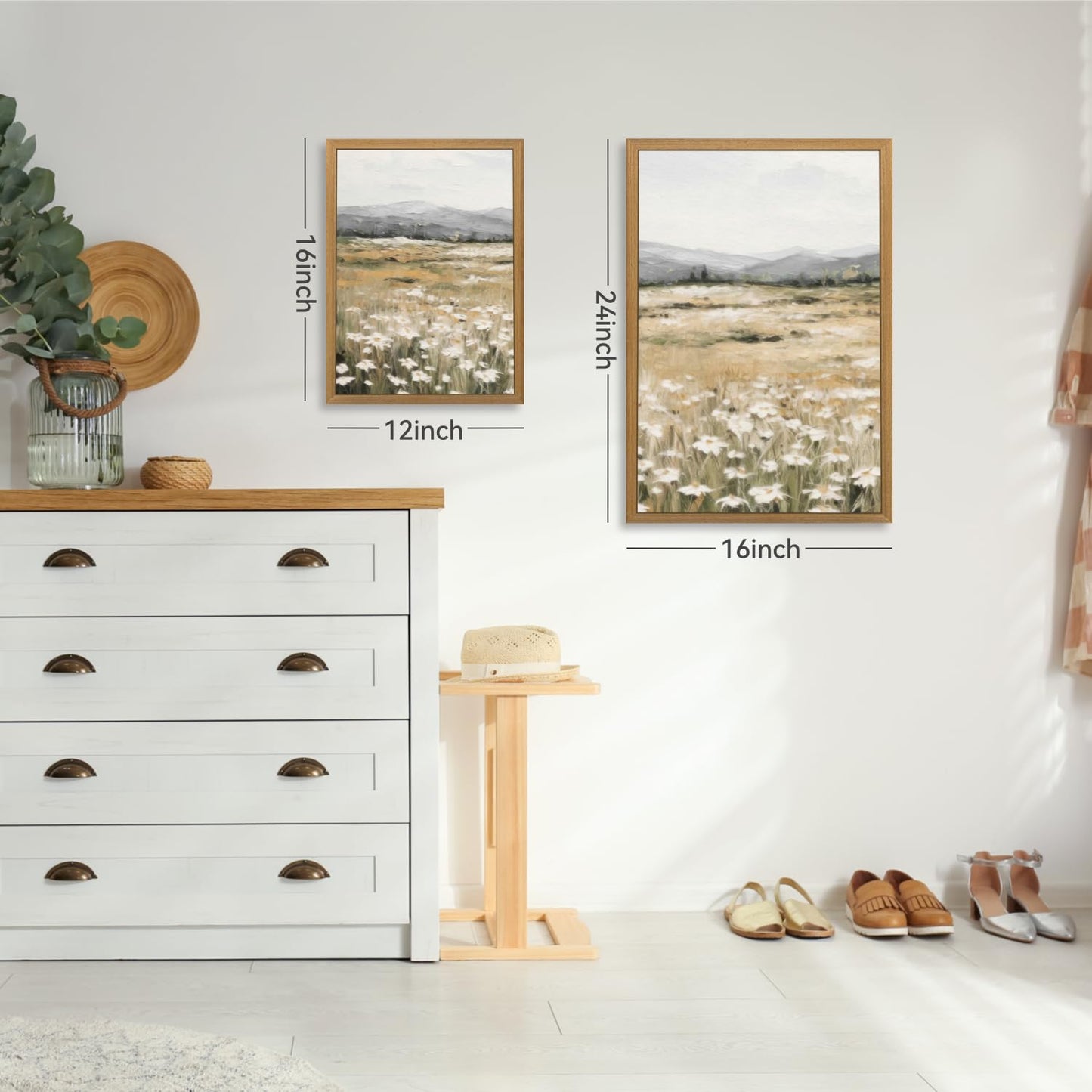 CAZLOUC White Wildflowers Wall Art Set of 3, Neutral Meadow Landscape Wall Decor, Minimalist Mountain Canvas Prints, Beige Rustic Field Paintings for Living Room Bedroom Wood Framed 12x16 Inch