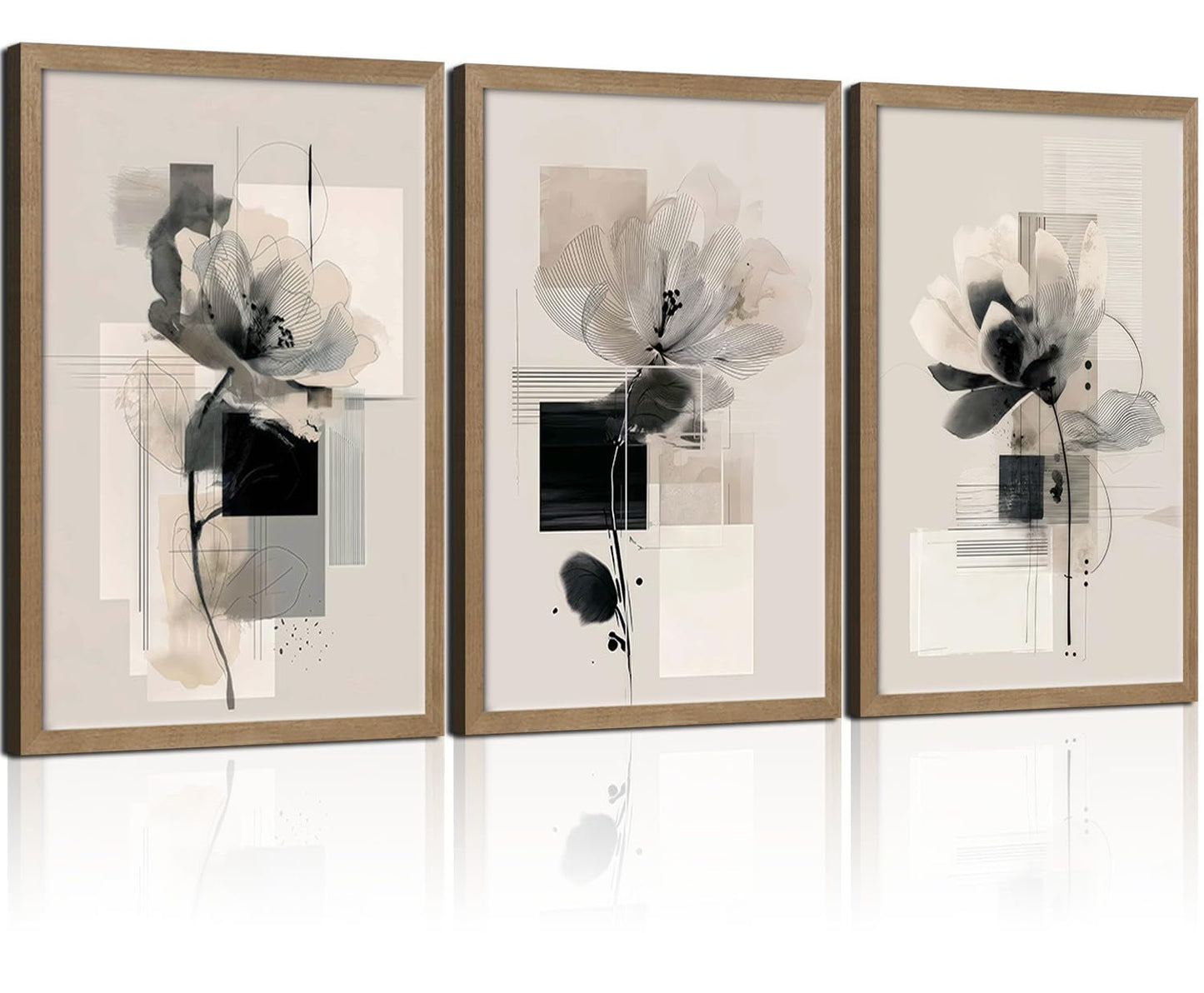 3Pcs Framed Black and White Flower Abstract Wall Art Modern Neutral Canvas Prints Posters Pictures Gallery Wall Decor Living Room Bedroom Office Apartment 12X16 Inch Ready to Hang