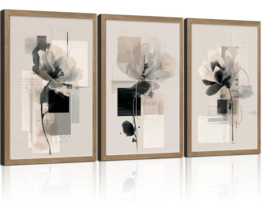 3Pcs Framed Black and White Flower Abstract Wall Art Modern Neutral Canvas Prints Posters Pictures Gallery Wall Decor Living Room Bedroom Office Apartment 12X16 Inch Ready to Hang