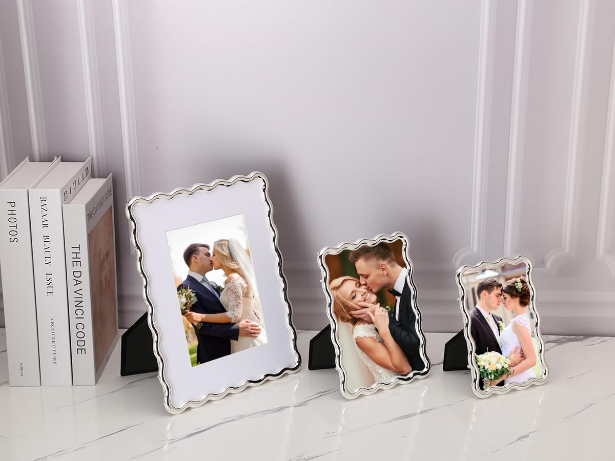 GorYeeFine 4x6'' Silver Heavy Duty Photo Frame,Wave Design High-End Zinc Alloy Picture Frames 6x4'',Fashionable Style frame with Velvet Back for Desktop and Wall Hanging.