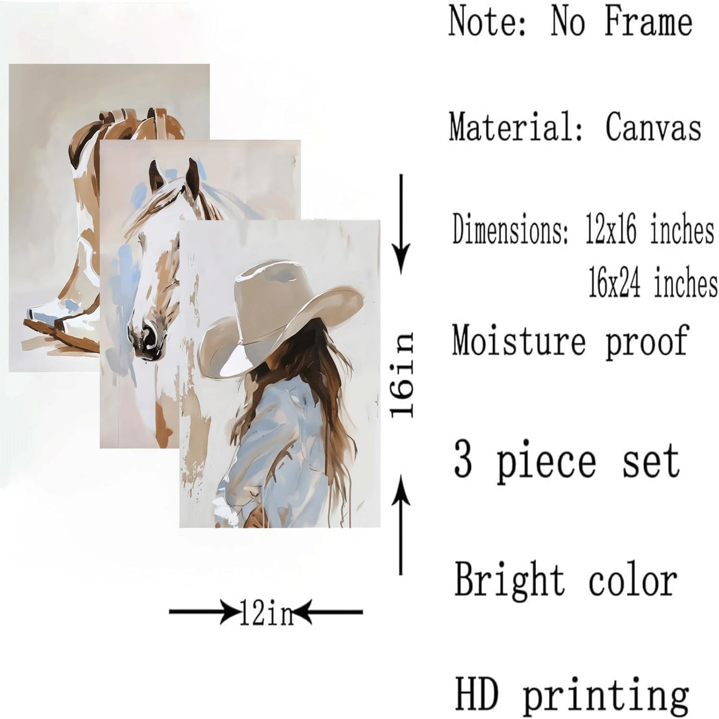3Pcs Cowgirl Wall Art horse pictures wall decor cowboy boot Wall Decor Pictures western girls bedroom Canvas Posters Printsfor Room Bedroom Dorm Home Decoration 12x16in Unframed