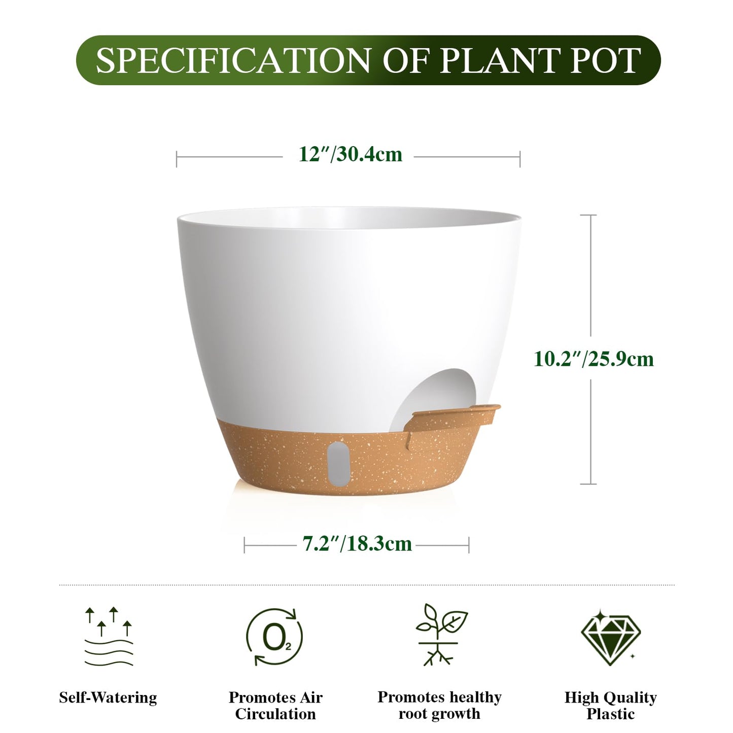KUGAZ Plant Pots, 1 Pack 12 Inch Self Watering Pots with Drainage Holes, Water Level Indicator Deep Reservoir, Large Planters for Indoor Outdoor Plants - White Brown