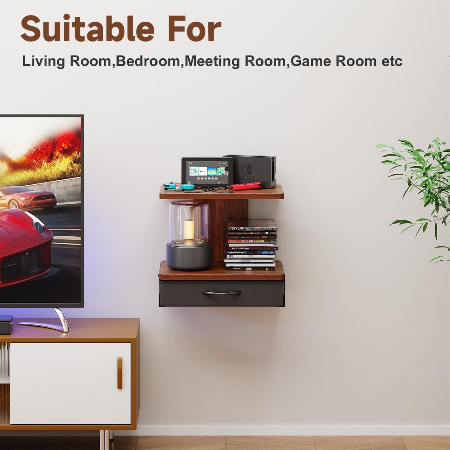 Floating TV Wall Shelf With Drawer, 2-Tier Projector Shelf Holds Up To 22Lbs, Wooden Wall Mounted Shelves For Projector/DVD Player/Game Console/Cable Box/Living Room Decor Accessories, Walnut Brown