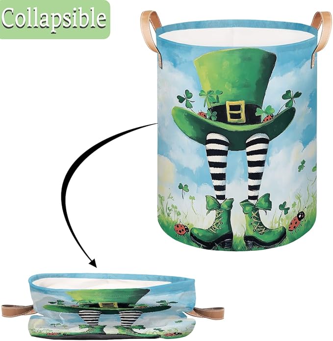 St. Patricks Day Hat Shoes Laundry Basket Foldable Laundry Baskets With Leather Handles for Bedroom Bathroom Toys Decorative Basket