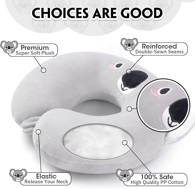 H HOMEWINS Travel Pillow for Kids,Cute Animal Neck Pillow for Boys Girls,Soft Neck Head Chin Support Pillow,Travel Accessories for Airplane, Car, Train,Recline (Koala)