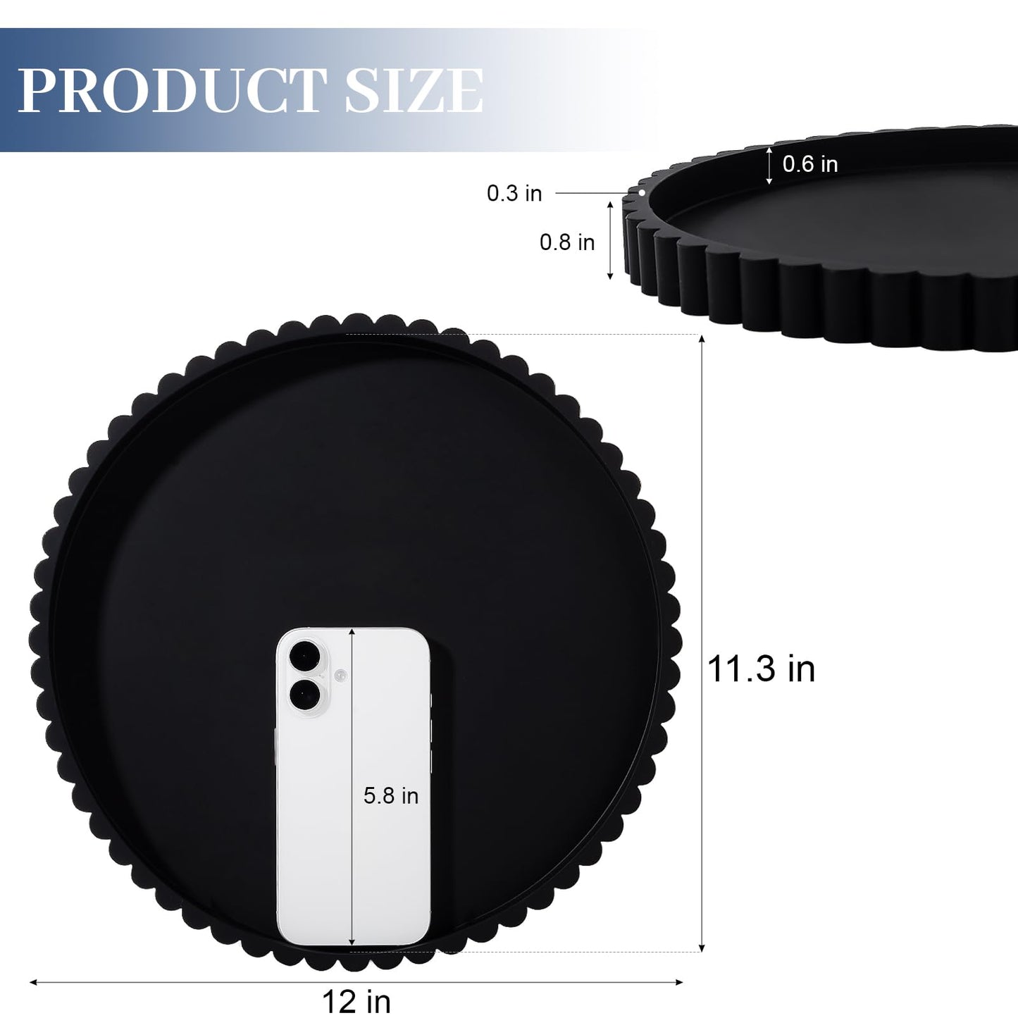 Round Bathroom Tray Silicone Kitchen Counter Decor Vanity Organizer Decorative Coffee Table Tray for Perfume, Candle, Soap Dish, 12 Inch, Black