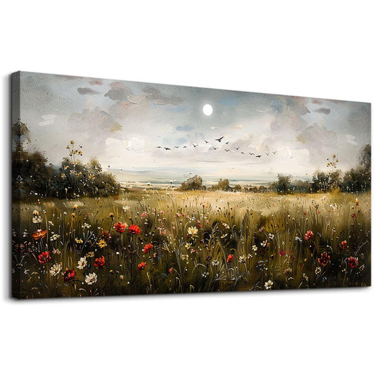 Wapluam Wall Decor For Living Room Canvas Wall Art For Bedroom Wildflower Field Vintage Wall Art Canvas Prints Paintings Farmhouse Artworks Pictures Modern Bathroom Aesthetic Home Wall Decor 40"X20"