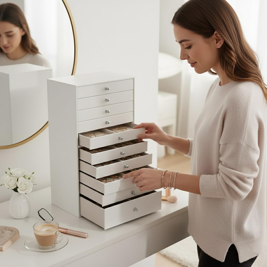 GUKA Large Jewelry Box, Jewelry Case with 10 Drawers for Big and Small Jewelry, Jewelry Storage Organizer for Watch Earrings Necklace Rings Bracelets, Birthday Wedding Gifts, White