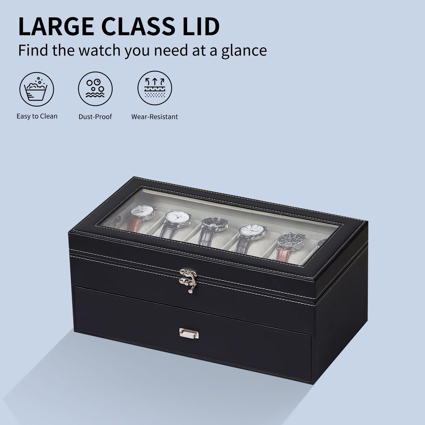 AUTOARK Leather & Velvet 12 Watch Box Jewelry Case and 6 Piece Sunglass Eyeglasses Organizer,2 Layers with 1 Drawer,Lockable,Large Glass Top,Black,MKAW043