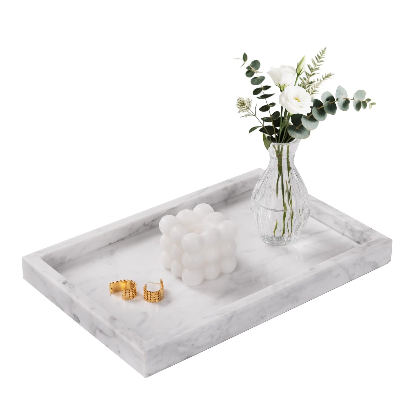 Homaura Marble Bathroom Tray for Countertop & Home Decor, Natural Decorative Marble Tray for Jewelry & Perfume Organizer, Luxury Stone Vanity Trays for Dresser, Kitchen Counter, 12" x 8", White