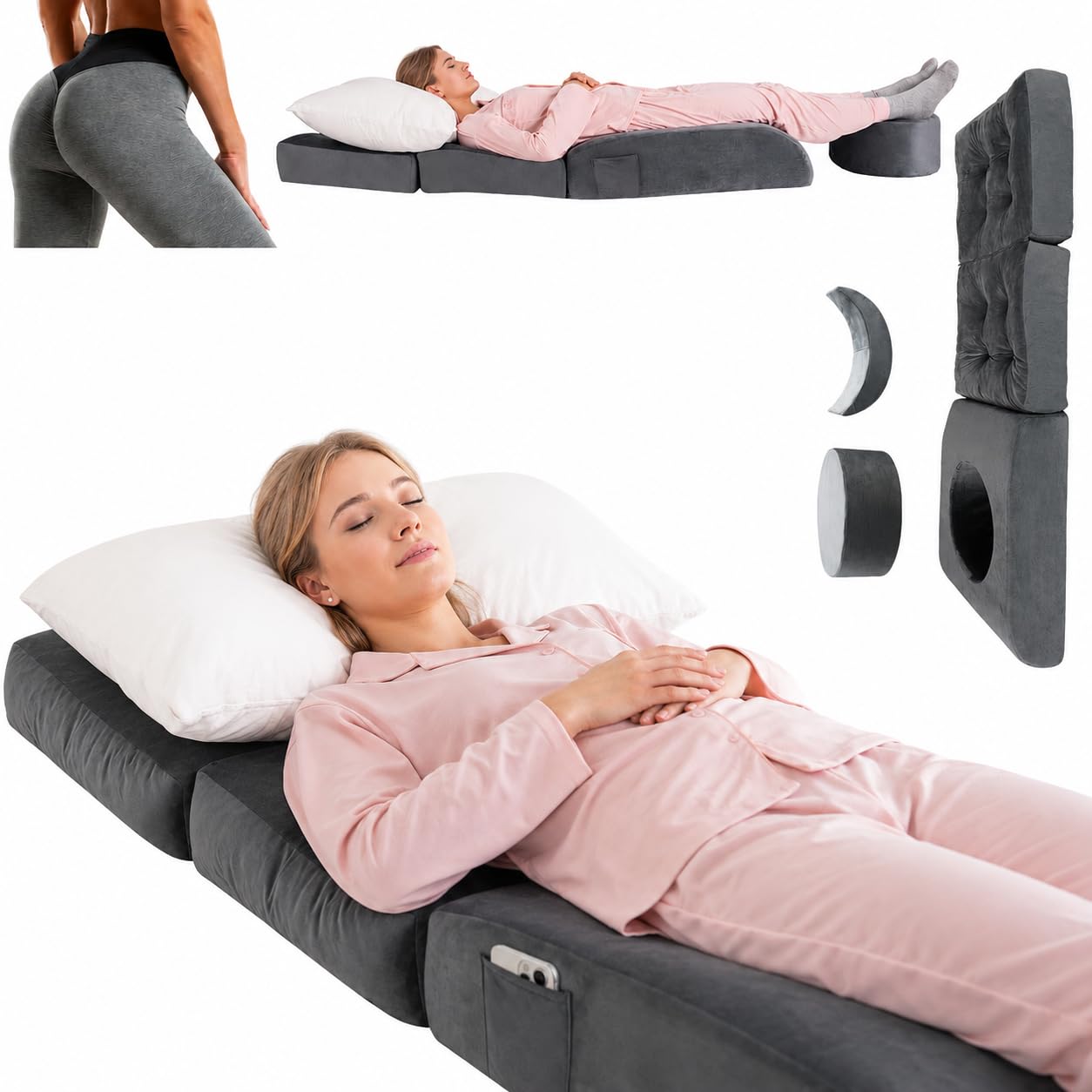 CACLSF BBL Cushion, Tri-Fold BBL Pillow After Surgery for Sleeping, Adjustable-Size Hip Opening, Flexible Disassembly and Placement, Colchon para BBL with Hole, Enhance Comfort Soft Sponge Support