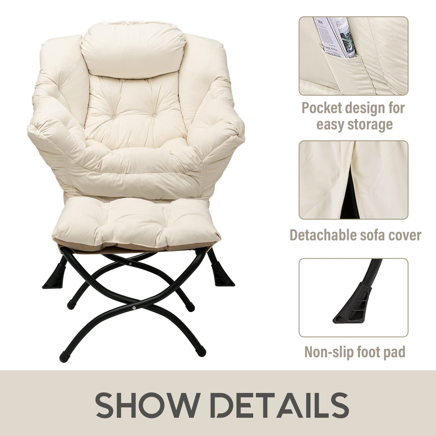 LITA Lazy Chair with Ottoman, Modern Accent Leisure Upholstered Sofa Chair, Contemporary Lounge Reading Chairs with Armrests and a Side Pocket for Living Room, Bedroom & Small Space, Beige