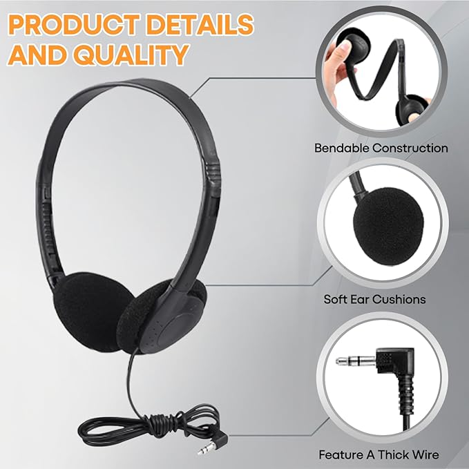 Bulk Headphones 100 Pack for Classroom School Kids, Wholeslae Wired Durable Earphones Class Set for Students Children Toddler Teens Boys Girls and Adult (HY857,100 Black)