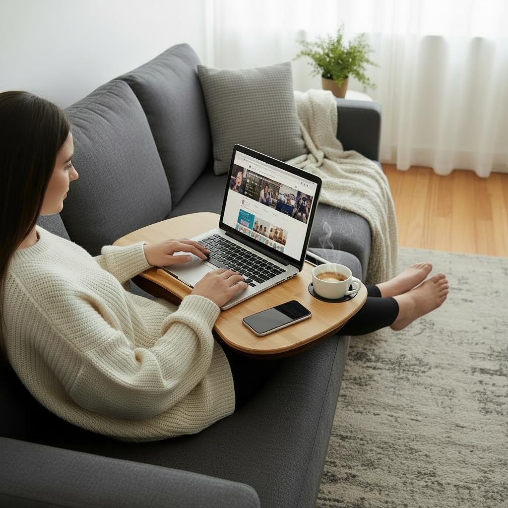 SANJIMO Lap Desk for Laptop with Cushion-Fits up to 18 inch, Bamboo Computer Laptop Stand with Phone Hoder, Cup Holder, Anti-Slip Stopper