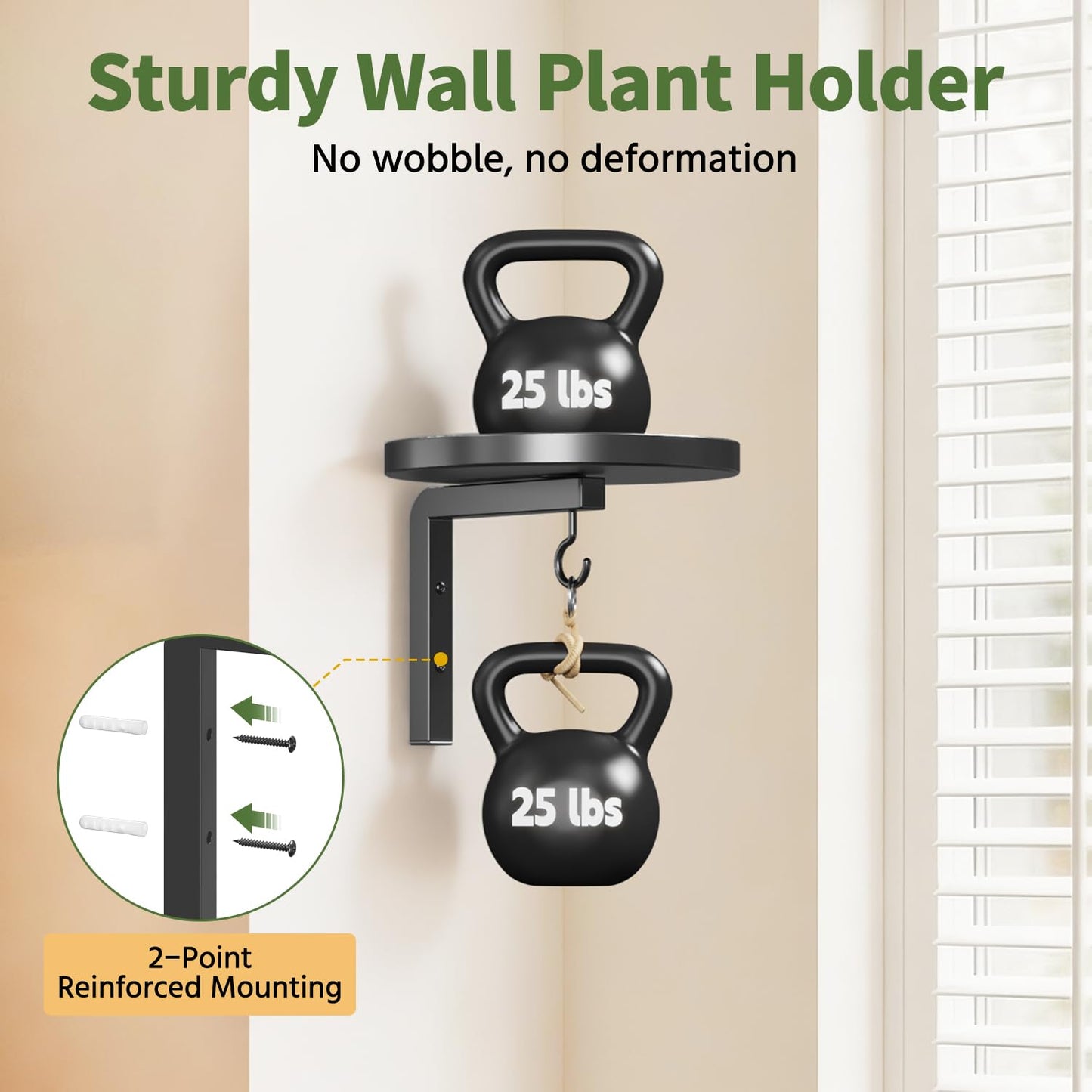 LASZOLA Plant Hangers Shelves Wall Mounted Indoor with Grow Lights, Metal Window Plant Holders, 3Pcs Modern Floating Flower Display Stand with 3 Hooks for Outdoor Kitchen Bathroom Decor, Black