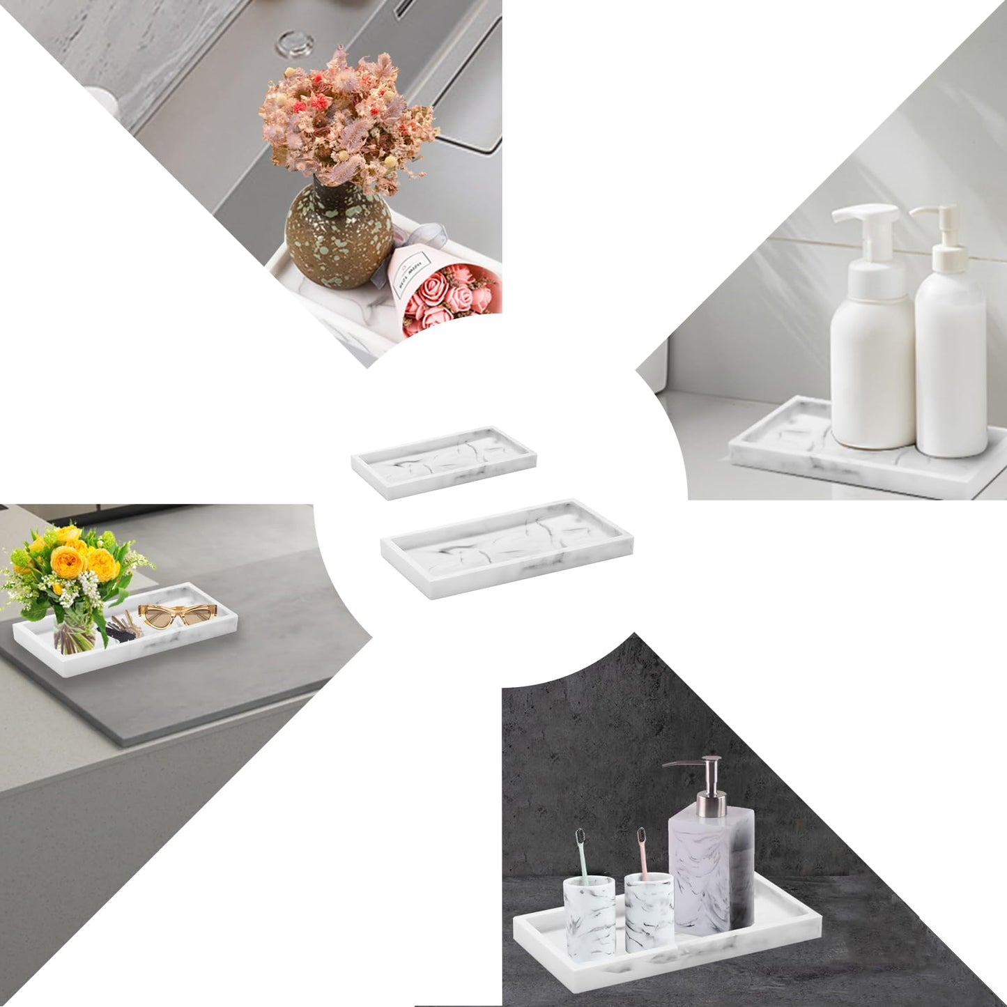 BiSUAN 2 Packs Silicone Bathroom Vanity Tray Large 11.8" ＆ Small 7.8" Set - Rectangle Shatterproof Flexible Bathroom Tray for Soap Dispenser, Tissues, Candles, Towel, Plant, Perfume Key