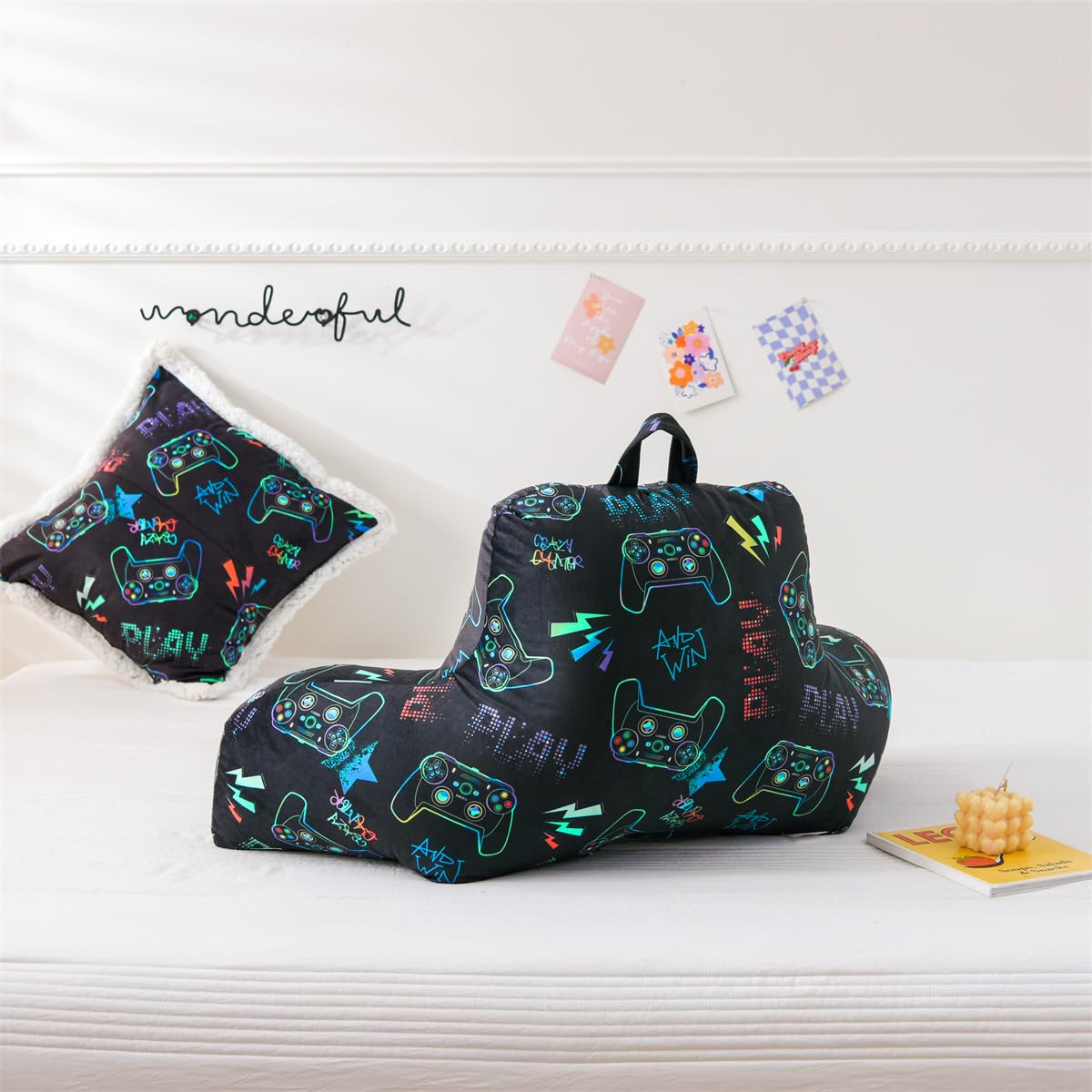 Holawakaka Reading Pillow with Arms Gamer Print Plush Bed Rest Pillows for Kids Teens Petites Sitting in Bed, Sofa, Chair, Lounge, Back Cushion with 1pc Decorative Pillowcase