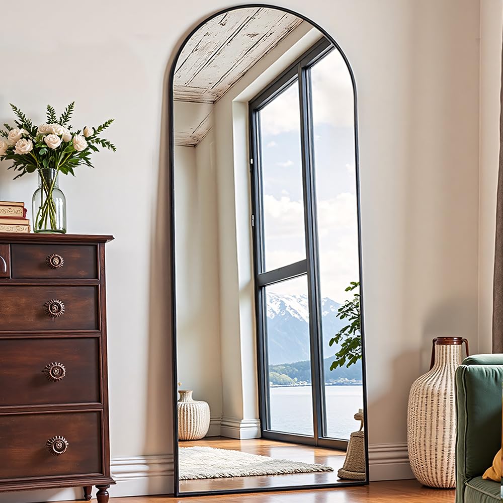 OGCAU Full Length Mirror, 70"x26" Arched Full Body Floor Mirror with Stand, Hanging or Leaning, Standing, Wall Mounted with Aluminum Frame for Bedroom Living Room (Black)