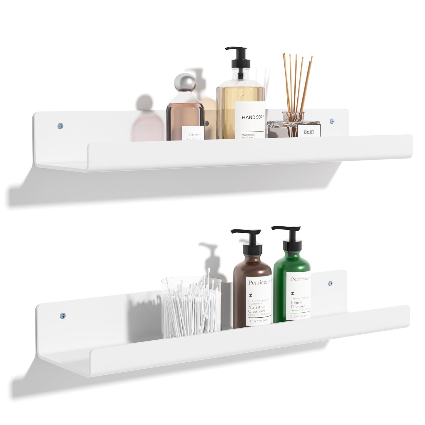 upsimples Acrylic Shelves for Wall Decor, 15" Display Shelf Perfume Organizer for Bathroom, Bedroom, Living Room, Floating Bookshelves for Kids, White, 2 Pack