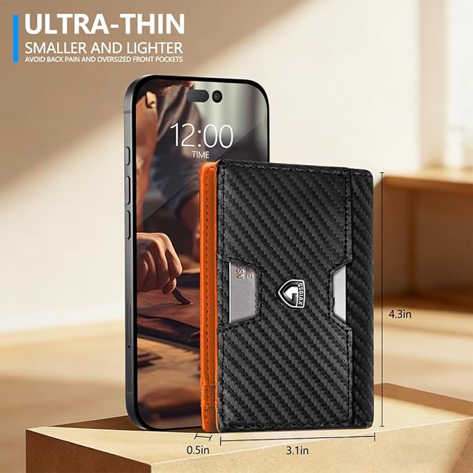 GSOIAX Wallet for Men Slim RFID Blocking Front Pocket Bifold Wallet Leather Money Clip 10-12 Cards Mens Wallet with ID Window Thin Minimalist Credit Card Holder Birthday Gifts for Men Carbon-Orange