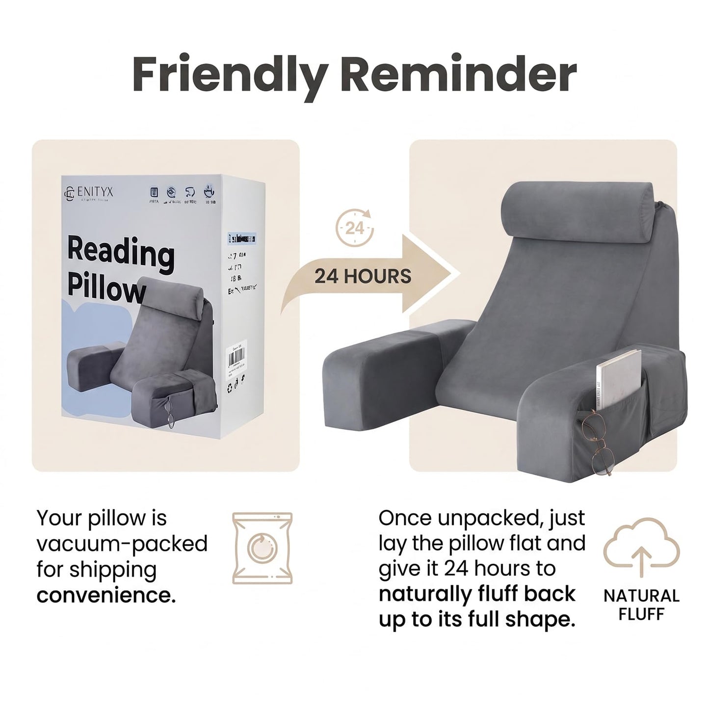 ENITYA Back Pillow for Bed Sitting Up,Reading Pillow with Armrests & Big Pockets for Adults,Upright Pillow for Resting,Watching TV,Nursing,Recovery,Gaming,Grey
