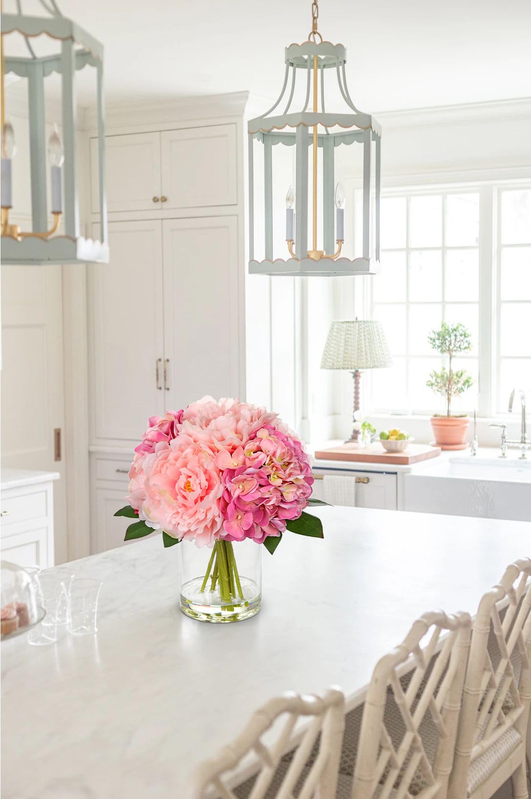 Hollyone Pink Hydrangea Peonies Artificial Flowers Real Touch Fake Flowers Arrangements in Vase with Faux Water Peony Hydrangeas Silk Flower with Vase for Table Centerpiece Shelf Home Decor