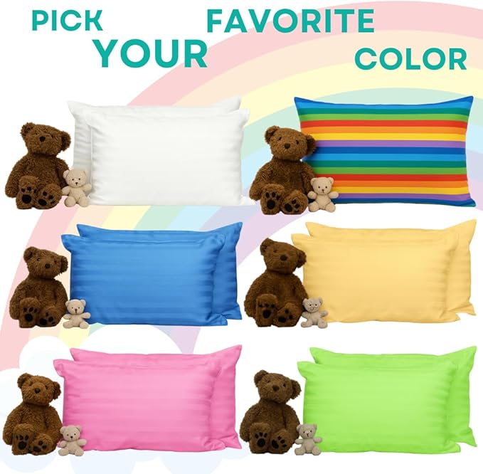 kinder Fluff Toddler Pillows (2Pack) 13x18in - Small Pillow for Kids Age 2+, 100% Cotton Sateen Stripes Shell 300T, Down Alternative Fill, Machine Washable - Children & Travel Cushion - Green- S