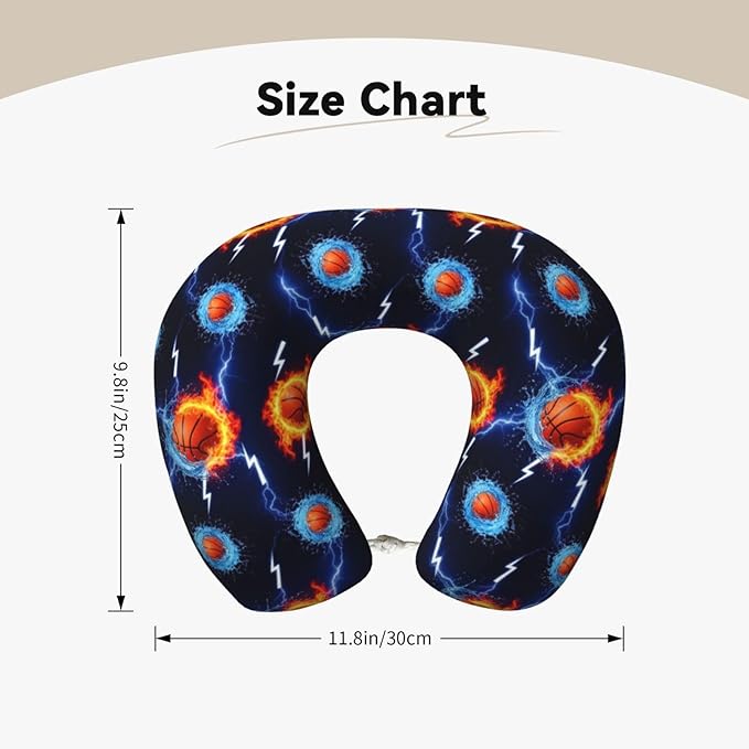 Travel Pillow for Men Women, Washable Relax U Shaped Neck Pillows for Car Head Pain Relief Sleeping Water Fire Flame Basketball Print Black