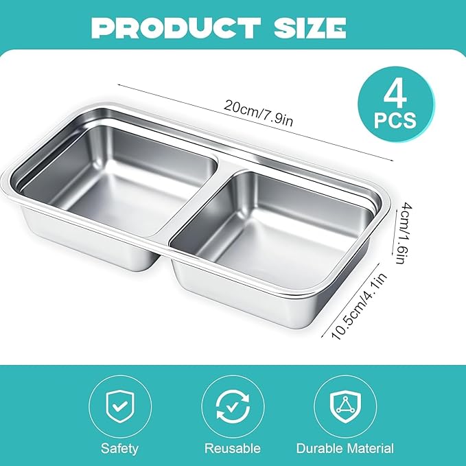 BSTUR 4Pcs 304 Stainless Steel Snack Containers, 30 oz 2 Compartments Portable Food Storage Bento Boxes with Leakproof Lids, Divided Meal Prep Lunch Box Food Container Dishwasher Safe